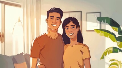 Wall Mural - A cheerful couple poses together in a sunlit living room, surrounded by plants and cozy decor, radiating happiness