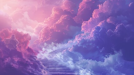 Wall Mural - Ethereal cloudscape with vibrant hues at sunset, featuring a staircase leading into the sky, evoking tranquility