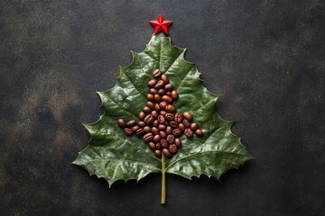 Sticker - An artistic composition presenting a large green leaf as a Christmas tree, with a star and red berries at the bottom, displayed against a dark background