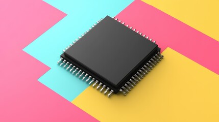 Poster - Minimalist layout of a black microcontroller on a clean, bold color backdrop.