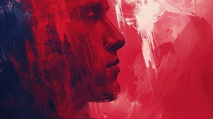 Wall Mural - Abstract portrait of a person in deep red hues, showcasing emotion and artistic expression against a vibrant background