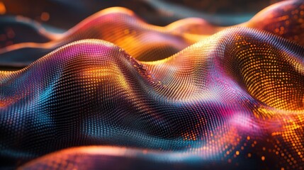 Poster - colorful undulating digital wave with neon light patterns and glowing dots in abstract art
