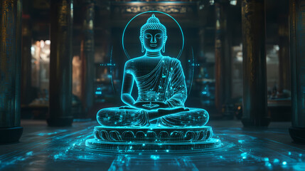 Wall Mural - Buddha hologram statue on meditation pose at museum. religion sacred symbol concept. generative ai technology. Holographic Sacred Symbols. Illustration