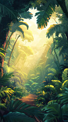 Poster - Sunlight illuminating path through dense tropical forest with lush foliage, creating a vibrant and inviting atmosphere