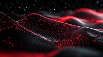 Poster - dynamic red and black digital waves with glowing particles on a dark background