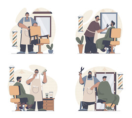 Aufkleber - Barbershop concept scenes set in flat web design. People in situations of getting haircut and hairstyle, hairdressers shaving beard and mustaches, doing client care treatment. Vector illustrations.