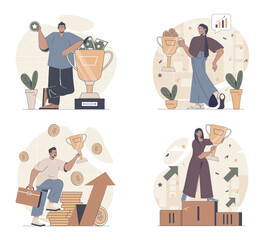 Fototapete - Business award concept scenes set in flat web design. People in situations of achieving career goals, celebrating victory with golden trophy cup with triumph, increasing money. Vector illustrations.