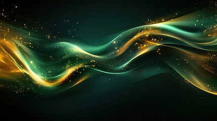 Poster - abstract green and gold waves with sparkles on dark background