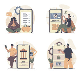 Fototapete - Mobile banking concept scenes set in flat web design. People in situations of managing credit cards and financial accounts, making transactions, sending money in application. Vector illustrations.