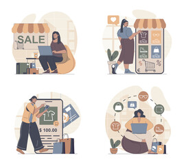 Aufkleber - Online shopping concept scenes set in flat web design. People in situations of choosing new products at internet stores at sales, ordering and paying purchases in mobile app. Vector illustrations.