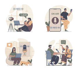 Aufkleber - Podcast streaming concept scenes set in flat web design. People in situations of broadcasting and recording talks in studio, creating audio in headphones, followers listening. Vector illustrations.