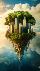 Poster - Lush trees surrounding skyscrapers on a floating island, blending nature and urban life while promoting sustainable development