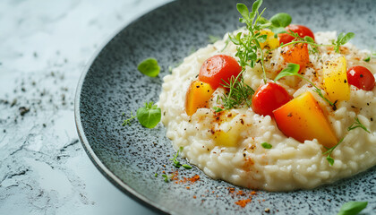 Wall Mural - Vegetarian risotto with white rice and fresh colourful vegetables on plate and organic ingredients close up