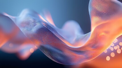 Poster - Flowing abstract wave pattern in orange and blue with bokeh effect and mesh texture creates dynamic motion against dark background. For modern design projects.