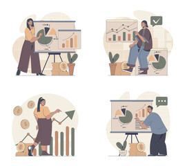 Aufkleber - Sales performance concept scenes set in flat web design. People in situations of making finance analysis, getting financial progress at graphs and profit rise at arrow at charts. Vector illustrations.
