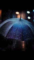 Poster - Transparent umbrella with raindrops illuminated by street lights at night creates magical atmosphere. Rain falling on clear dome catches colorful bokeh reflections.
