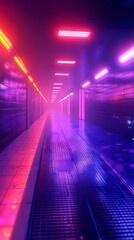 Poster - Futuristic corridor with neon lighting in pink, purple and blue colors creating atmospheric perspective along empty hallway with reflective floor and grid pattern.
