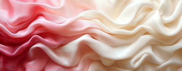 Poster - Smooth gradient waves of pink and cream colored silk fabric creating soft flowing curves and elegant folds in panoramic composition. Luxury textile background.