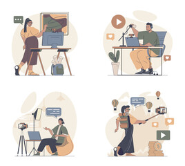 Aufkleber - Video blogging concept scenes set in flat web design. People in situations of recording new videos in art or travel blogs, making live translation, communicating with followers. Vector illustrations.