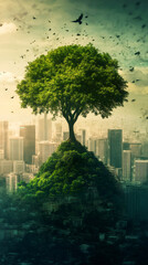Poster - Green hill with a large tree growing on top, overlooking a cityscape with birds flying around, symbolizing nature reclaiming urban spaces
