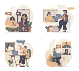 Poster - Video chatting concept scenes set in flat web design. People in situations of connecting online and calling in zoom y mobile app or laptop, talking with friends colleagues. Vector illustrations.