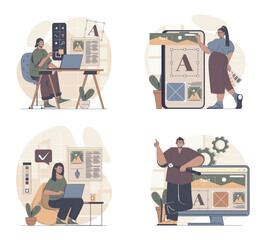 Poster - Web design concept scenes set in flat design. People in situations of building wireframe layout, filling with different content, creating graphic elements for sites interface. Vector illustrations.