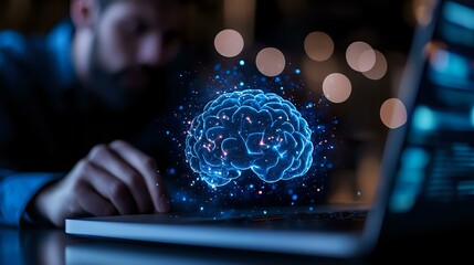 Poster - glowing blue brain hologram floating above laptop keyboard with bokeh lights in dark office setting,