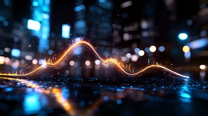 Poster - Glowing wave line with orange light trail against dark background with blue bokeh lights and reflective surface, abstract modern visualization.