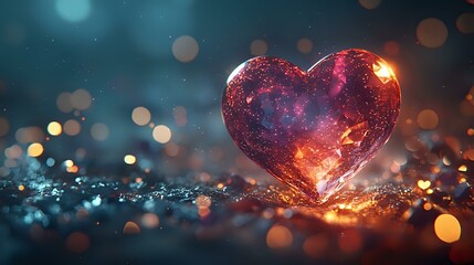 Poster - Glowing red heart with galaxy texture on dark background with bokeh lights and sparkles. Romantic cosmic love concept for Valentine's day designs.
