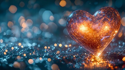 Poster - Glowing heart shape with magical sparkles against blurred blue bokeh background, creating romantic and dreamy atmosphere. Suitable for Valentine's designs.