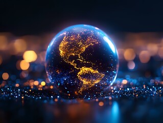 Poster - Glowing Earth globe showing Americas with city lights at night, surrounded by blue aura and bokeh effects on dark background, suitable for environmental themes.