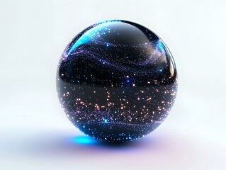 Poster - Magical crystal sphere with glowing galaxy inside on light background, sparkling stars and cosmic dust create mystical atmosphere for spiritual designs.