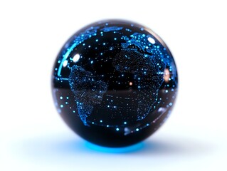 Poster - Glowing blue crystal ball with world map silhouette and starry effect against dark background, mystical fortune telling sphere on reflective surface.