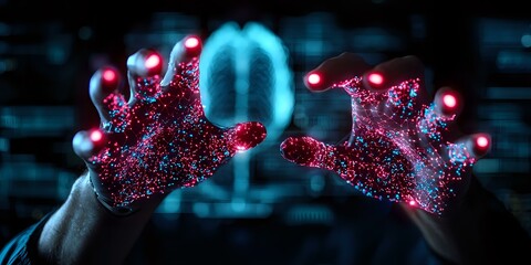 Poster - Glowing red and blue virus particles floating in dark space with digital background, microscopic view of pathogen structure showing detailed molecular surface.
