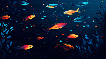 Wall Mural - A biodiverse ecosystem of bioluminescent fish, casting light in various hues across the dark, deep sea. Bioluminescent Deep Sea. Illustration