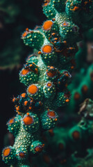 Poster - Close-up of insects exploring a unique plant with textured green surface and vibrant orange tips, creating a captivating scene of nature's intricacies