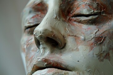 Poster - Artistic representation of a face painted in monochrome and metallic tones captures deep expression and emotion in a dark setting during indoor artistic studio session