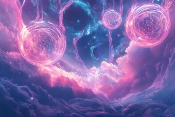Wall Mural - ethereal digital painting of cosmic meditation space with floating sacred geometry mandalas and flow