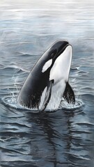 orca whale breaching the surface in calm ocean waters against a serene gray sky
