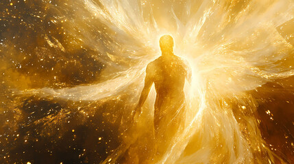 Wall Mural - golden figure radiating light, celestial abstract. transcendent light beings. illustration