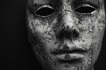 Poster - Artistic representation of a face painted in monochrome and metallic tones captures deep expression and emotion in a dark setting during indoor artistic studio session