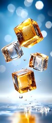 Poster - Falling golden and clear ice cubes with water drops splashing against blue bokeh background, dynamic liquid motion capture for beverage and cocktail advertising.