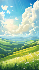 Aufkleber - Green rolling hills and valleys covered by grass and flowers under a blue sky with sun shining and some clouds
