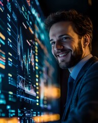 Poster - Caucasian male trader smiling at financial market data on digital screen with stock charts and graphs in dark office with blue technology lighting.