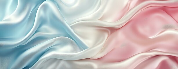 Poster - Smooth flowing silk fabric in pastel blue, white and pink colors creating gentle waves and folds with soft gradient transitions. Luxury textile background.