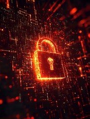 Poster - Glowing red padlock symbol in digital matrix space with particles and light effects represents cybersecurity and data protection concept in modern technology.