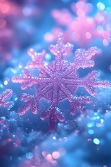 Poster - Sparkling pink snowflake crystal with glitter effect against blurred blue and purple bokeh background creates magical winter atmosphere.