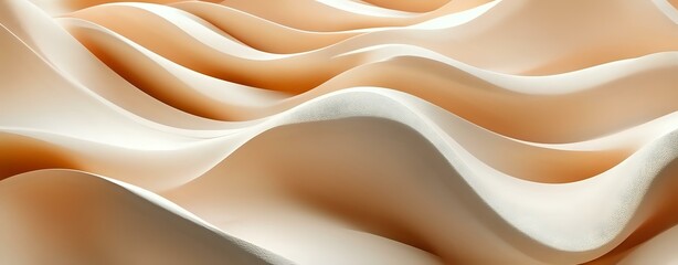 Poster - Abstract panoramic view of smooth wavy cream colored silk fabric creating soft flowing curves and gentle folds in neutral tones with light and shadow play.