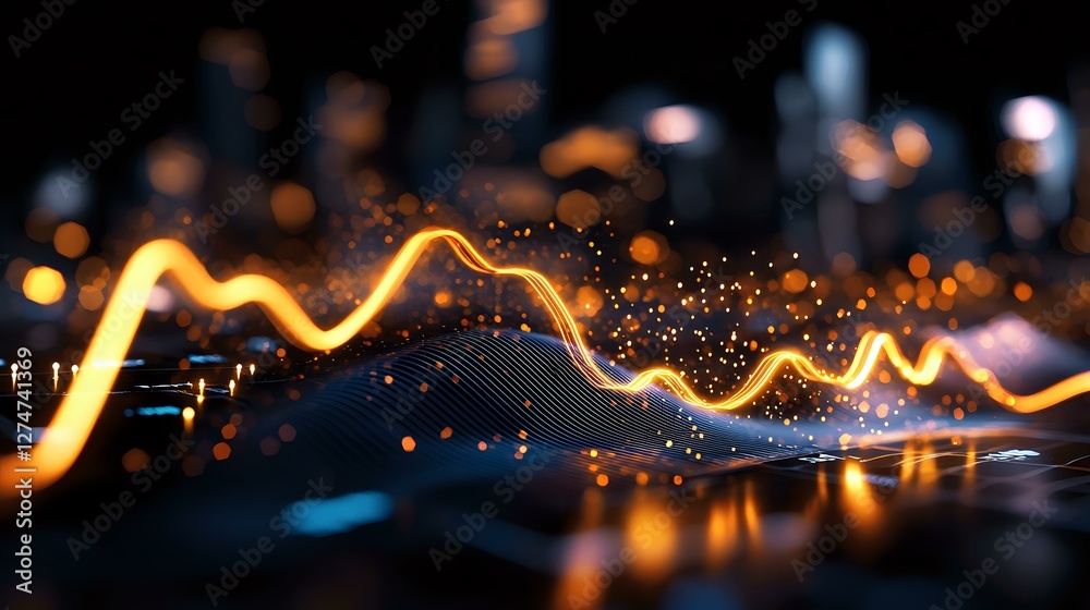 Glowing golden wave line with sparkles on dark background, financial ...