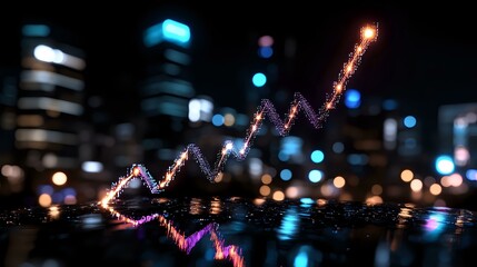 Poster - Glowing financial chart line against blurred city nightscape with bokeh lights reflecting on wet surface, showing market growth and urban prosperity.